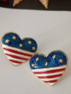 Patriotic Heart Stud Earrings - Blue & Red Glitter